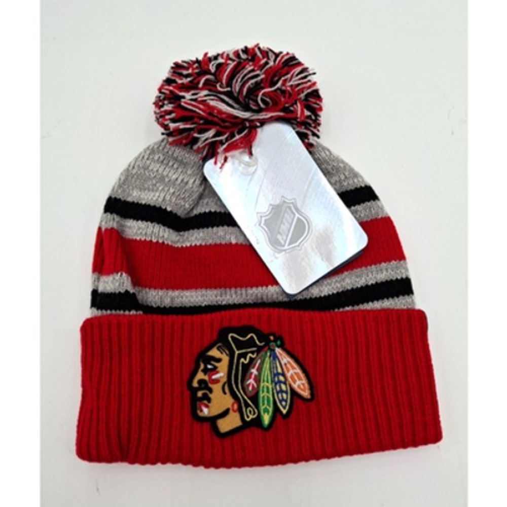 Chicago Blackhawks Fanatics Tri-Tone Red Gray Black Cuff Poofball Beanie, New